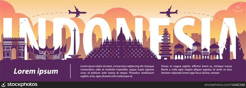 Indonesia famous landmark silhouette style,text within,travel and tourism,purple and orange tone color theme,vector illustration