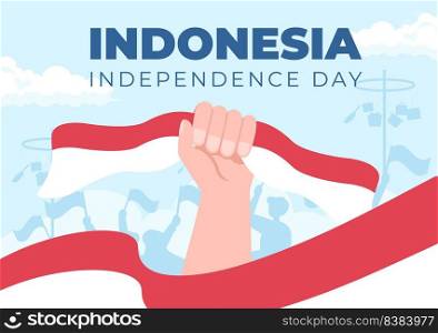 Indonesia Independence Day on August 17th with Traditional Games, Flag Red White and People Character in Flat Cute Cartoon Background Illustration