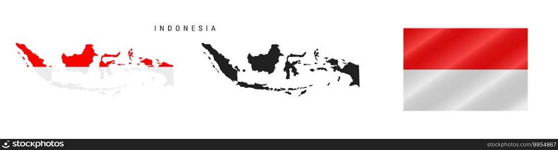Indonesia. Map with masked flag. Detailed silhouette. Waving flag. Vector illustration isolated on white.. Indonesia. Detailed flag map. Detailed silhouette. Waving flag. Vector illustration