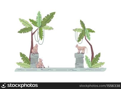 Indonesia temple ruin semi flat RGB color vector illustration. Wildlife in forest. Palmtrees and shrine remnants. Monkeys in jungle architecture isolated cartoon character on white background. Indonesia temple ruin semi flat RGB color vector illustration