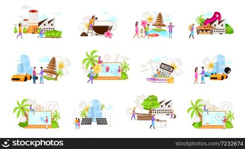 Indonesian business flat vector illustrations set. Coffe, tobacco production. Timber industry. Car rental, leasing. Tourism. Alternative energetics. Tax consultant. Isolated cartoon concept. Indonesian business flat vector illustrations set