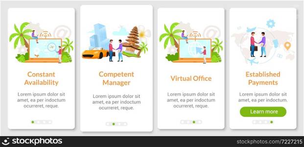Indonesian business onboarding mobile app screen vector template. Virtual office, internet provider. Walkthrough website steps with flat characters. UX, UI, GUI smartphone cartoon interface concept. Indonesian business onboarding mobile app screen vector template