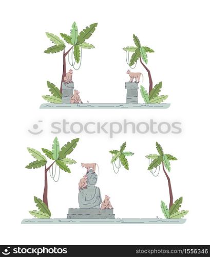 Indonesian temple ruins semi flat RGB color vector illustration set. Palmtrees and shrine remnants. Monkeys in jungle architecture isolated cartoon objects on white background collection. Indonesian temple ruins semi flat RGB color vector illustration set