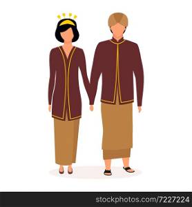 Indonesians flat vector illustration. Couple holding hands. Indigenous people. Asian culture. Adult family. People dressed in national clothing isolated cartoon character on white background. Indonesians flat vector illustration