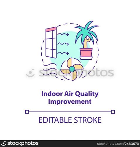 Indoor air quality improvement concept icon. Eco-friendly architecture principle abstract idea thin line illustration. Isolated outline drawing. Editable stroke. Arial, Myriad Pro-Bold fonts used. Indoor air quality improvement concept icon