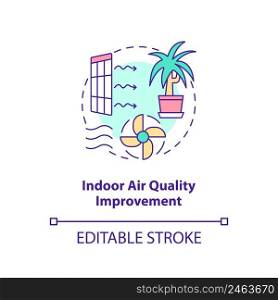 Indoor air quality improvement concept icon. Eco-friendly architecture principle abstract idea thin line illustration. Isolated outline drawing. Editable stroke. Arial, Myriad Pro-Bold fonts used. Indoor air quality improvement concept icon