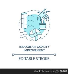 Indoor air quality improvement turquoise concept icon. Eco-friendly architecture abstract idea thin line illustration. Isolated outline drawing. Editable stroke. Arial, Myriad Pro-Bold fonts used. Indoor air quality improvement turquoise concept icon