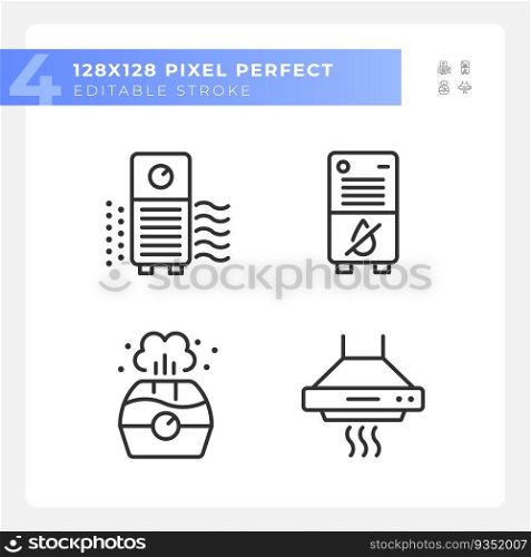 Indoor air quality linear icons set. Air filtration. Climate control. Home appliance. Respiratory health. Customizable thin line symbols. Isolated vector outline illustrations. Editable stroke. Indoor air quality linear icons set