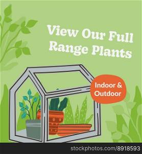 indoor and outdoors plants range, shop or florist store offering assortment of flowers and houseplants. Greenhouse with foliage and botany. Promotional banner or advertisement, vector in flat style. View our full range plants, indoor and outdoors