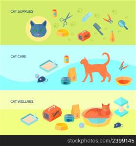 Indoor cats food and care supplies 3 horizontal flat banners set with carrier abstract isolated vector illustration. Cats 3 horizontal flat banners set