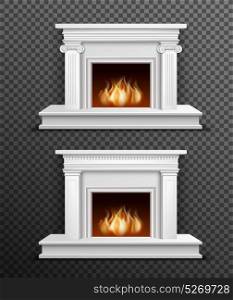 Indoor Fireplace Set On Transparent Background . Set of 2 modern white indoor burning fireplaces one under another on black transparent background vector illustration