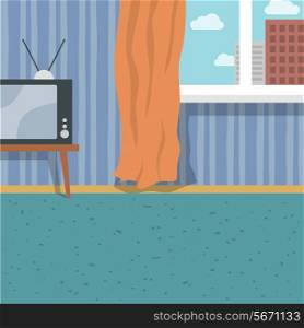 Indoor flat interior with retro tv carpet and window curtain background vector illustration
