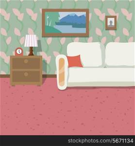 Indoor flat interior with sofa and bed table background vector illustration
