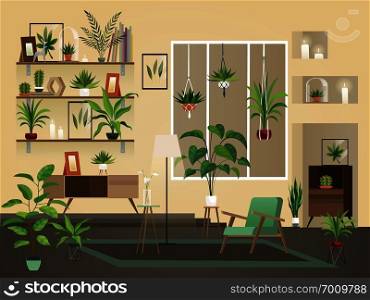 Indoor flowers into room. Urban home interior, vector illustration of living room with plants, chairs and vase. Indoor flowers into room. Urban home interior, vector living room with plants, chairs and vase