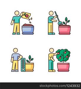 Indoor gardening process RGB color icons set. Houseplant caring. Plant cultivation. Planting seed, propagating. Fluffing, plowing soil. Regulating temperature conditions. Isolated vector illustrations