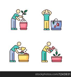 Indoor gardening stages RGB color icons set. Houseplant caring. Plant cultivation. Replanting, repotting plants. Wilting flower. Preparing soil for planting. Isolated vector illustrations