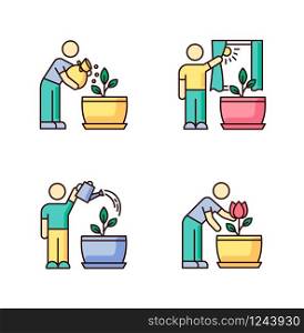 Indoor gardening stages RGB color icons set. Houseplant caring. Planting process. Plant cultivation. Fertilizing soil, watering flowers. Exposing plants to sunlight. Isolated vector illustrations