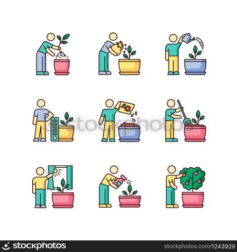 Indoor gardening stages RGB color icons set. Houseplant caring. Planting process. Plant cultivation. Repotting, watering. Fertilizing, spraying. Propagating flowers. Isolated vector illustrations