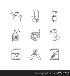 Indoor gardening tools and materials pixel perfect linear icons set. Garden inventory, equipment. Customizable thin line contour symbols. Isolated vector outline illustrations. Editable stroke
