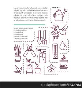 Indoor gardening tools concept icon with text. Drainage, fertilizing, replanting. Pruner, spray bottle. PPT page vector template. Brochure, magazine, booklet design element with linear illustrations