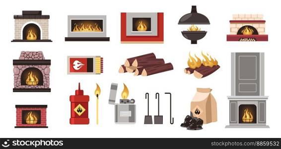 Indoor heating stove. Fireplaces with burning wood fire flame poker shovel fuel, cartoon bundle of hearths elements flat style cozy home interior. Vector set. Match, lighter and coal for fire. Indoor heating stove. Fireplaces with burning wood fire flame poker shovel fuel, cartoon bundle of hearths elements flat style cozy home interior. Vector set