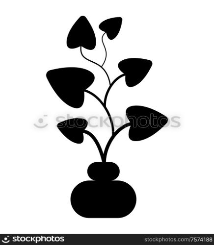 Indoor plant in pot with thin stem and big leaves black silhouette isolated vector object. Domestic potted greenery and vegetation, foliage, botany. Black color on white background. Plant in Pot Black Silhouette Isolated Object