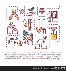 Indoor planting concept icon with text. Planting tools. Spraying, washing. Propagating, repotting. PPT page vector template. Brochure, magazine, booklet design element with linear illustrations