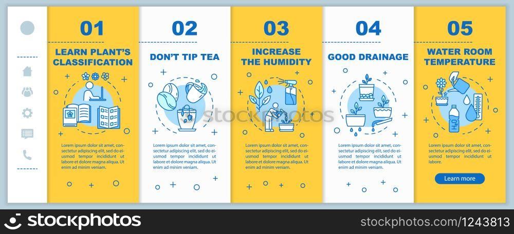 Indoor plants concern onboarding vector template. Appropriate room temp. Home gardening tips. Responsive mobile website with icons. Webpage walkthrough step screens. RGB color concept