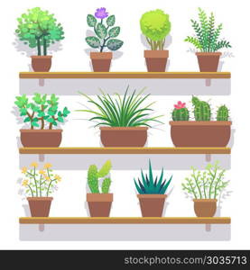 Indoor plants in pots flat icons set. Indoor plants in pots flat icons set. Interior plant in pot and nature plant for home gardening. Vector illustration