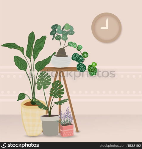 indoor plants vector Nordic style living room interior. Hand drawing style cozy interior with homeplants. Cartoon vector illustration.