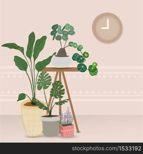 indoor plants vector Nordic style living room interior. Hand drawing style cozy interior with homeplants. Cartoon vector illustration.