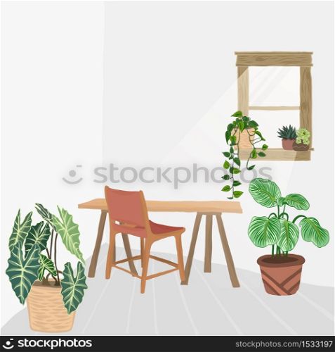 indoor plants vector Nordic style living room interior. Hand drawing style cozy interior with homeplants. Cartoon vector illustration.