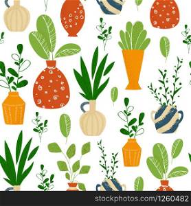 Indoor potted plants or home flowers seamless pattern on white. Vector endless texture with green different plants, leaves, ceramic pots, background potted houseplants for textile, fabric, wrapping. garden potted plants isolated on white