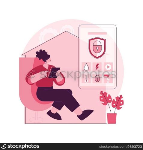 Indoor security system abstract concept vector illustration. Smart house installation, mobile application, control center, smartphone operated home security system, door lock abstract metaphor.. Indoor security system abstract concept vector illustration.