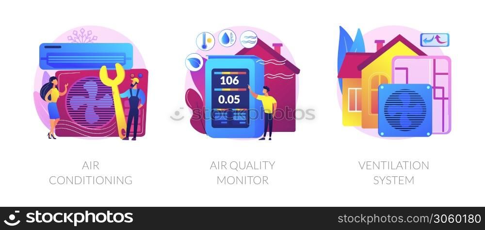 Indoor weather and climate control technology. Cooling and heating appliance. Air conditioning, air quality monitor, ventilation system metaphors. Vector isolated concept metaphor illustrations.. Airing system cleaning vector concept metaphors.