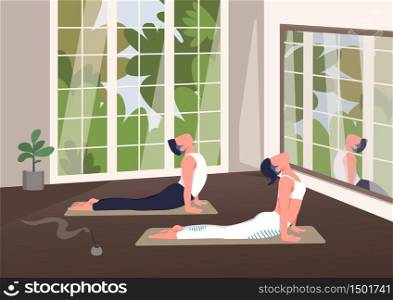 Indoor yoga class flat color vector illustration. Sportsman and sportswoman in cobra pose 2D cartoon character with window on background. Healthy lifestyle, relaxation exercise and aromatherapy. Indoor yoga class flat color vector illustration