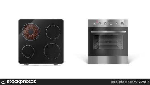 Induction cooking panel with oven, electric stove front and top view. Vector realistic set of kitchen cooker with transparent glass oven door, black ceramic stovetop isolated on white background. Induction cooking panel with oven, electric stove