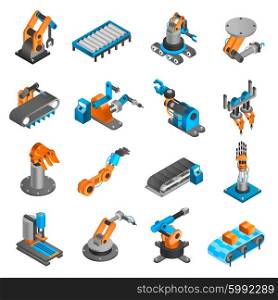 Industial robot isometric icons. Industial robot and factory machinery 3d isometric icons set isolated vector illustration