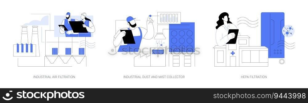 Industrial air purification abstract concept vector illustration set. Industrial air filtration, dust and mist collector, HEPA filtration, modern purification and ventilation system abstract metaphor.. Industrial air purification abstract concept vector illustrations.