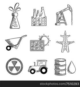 Industrial and mining sketched icons with oil well, factory, oil derrick, mining, solar panel, electricity pylon, nuclear energy, tractor and oil barrel. Industrial and mining sketched icons