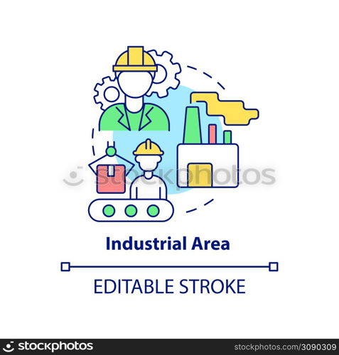 Industrial area concept icon. Land use category abstract idea thin line illustration. Factories. Manufacturing business. Isolated outline drawing. Editable stroke. Arial, Myriad Pro-Bold fonts used. Industrial area concept icon