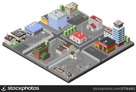Industrial area concept with isometric plants factories police station and fire department buildings vector illustration