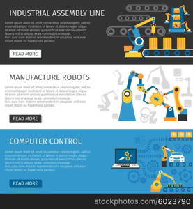Industrial Assembly Line Flat Banners Set . Computer controlled robots of industrial assembly line interactive webpage 3 flat horizontal banners set abstract isolated vector illustration