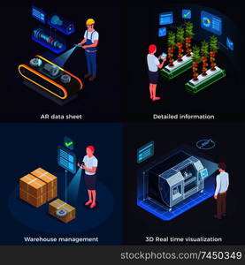 Industrial augmented reality concept 4 applications with 3d real time process  visualization technology isometric set vector illustration