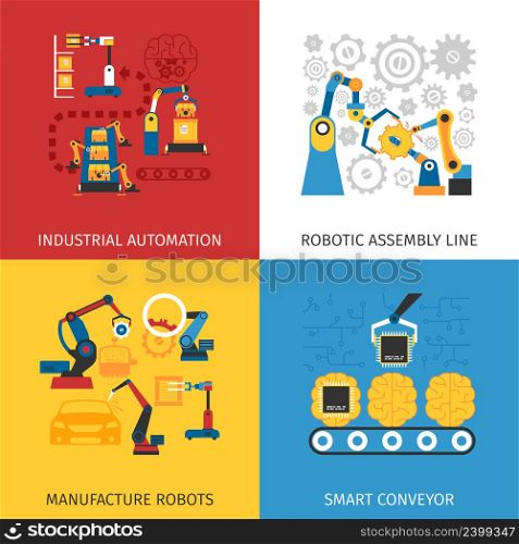 Industrial automation robotic assembly line 4 flat icons square composition design abstract isolated vector illustration. Industrial Assembly Line 4 Flat Icons