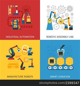 Industrial automation robotic assembly line 4 flat icons square composition design abstract isolated vector illustration. Industrial Assembly Line 4 Flat Icons