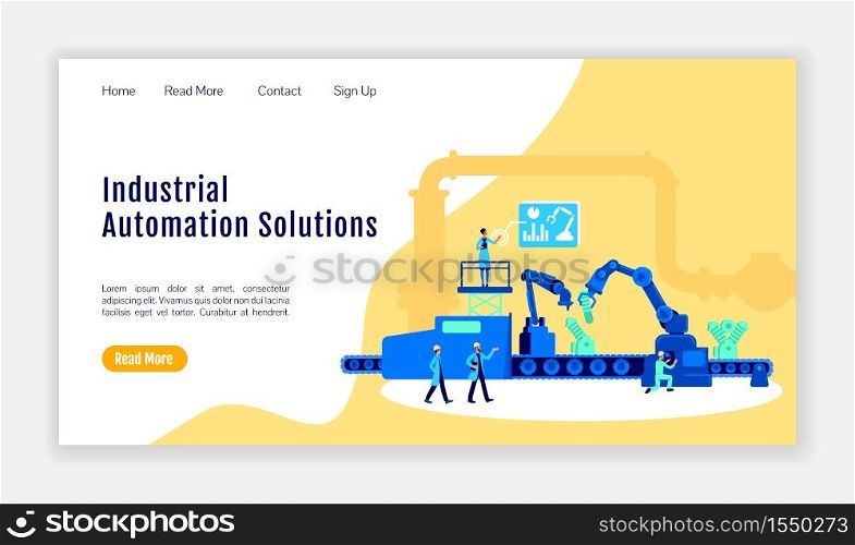 Industrial automation solutions landing page flat color vector template. Manufacture homepage layout. Factory one page website interface with cartoon illustration. Digitalization web banner, webpage. Industrial automation solutions landing page flat color vector template