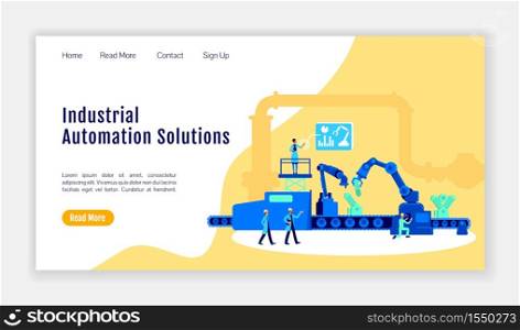 Industrial automation solutions landing page flat color vector template. Manufacture homepage layout. Factory one page website interface with cartoon illustration. Digitalization web banner, webpage. Industrial automation solutions landing page flat color vector template