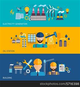 Industrial banner set with factories and plant buildings and engineer avatars isolated vector illustration.