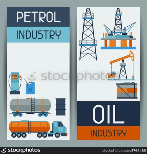 Industrial banners design with oil and petrol icons. Extraction and refinery facilities.